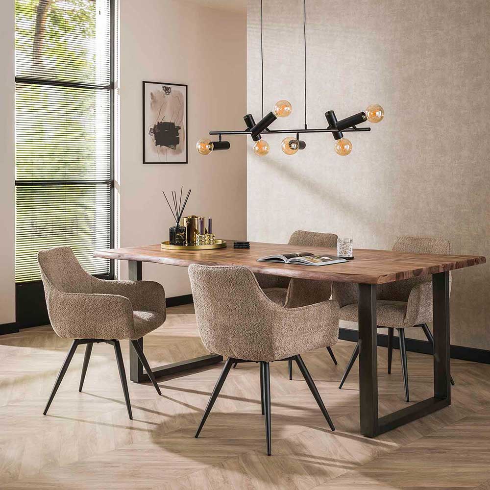 Moderne beige Boucle Esszimmer Drehstühle als 2er Set am Holztisch im Wohnbereich – Yilan