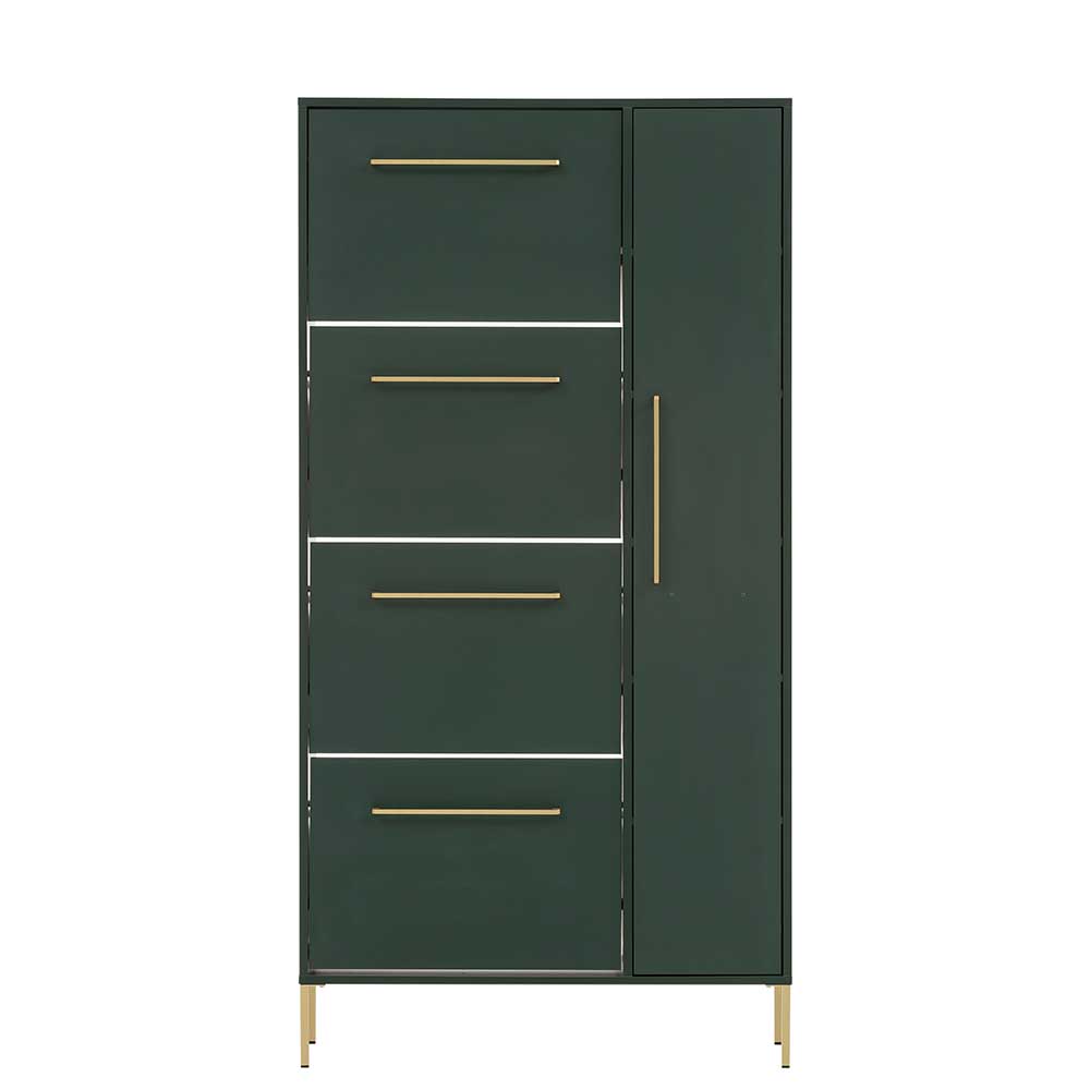 Dunkelgrüner Schuhschrank mit vier Klappen und goldenen Griffen für den Flur – Aqua