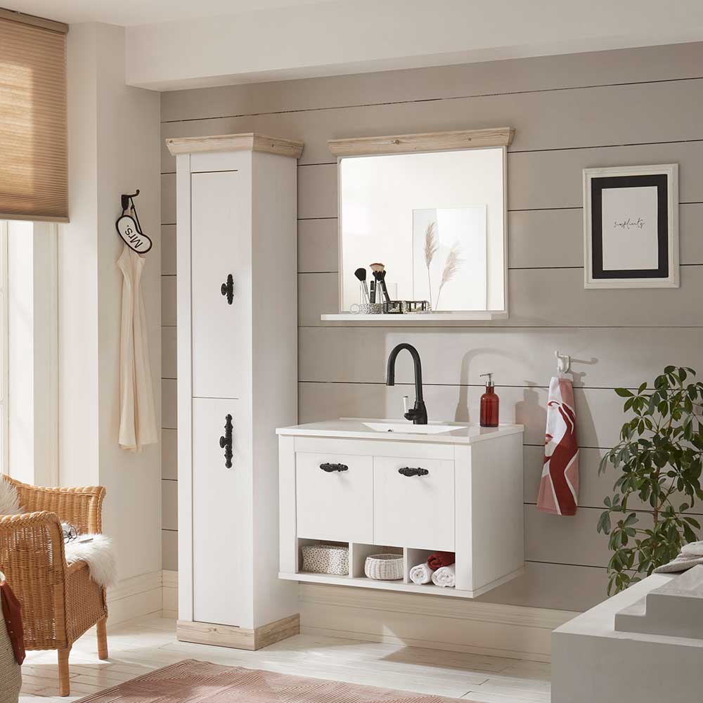 Dreiteiliges Landhaus Badezimmer Set in Weiß mit Naturholz Akzenten – Doules