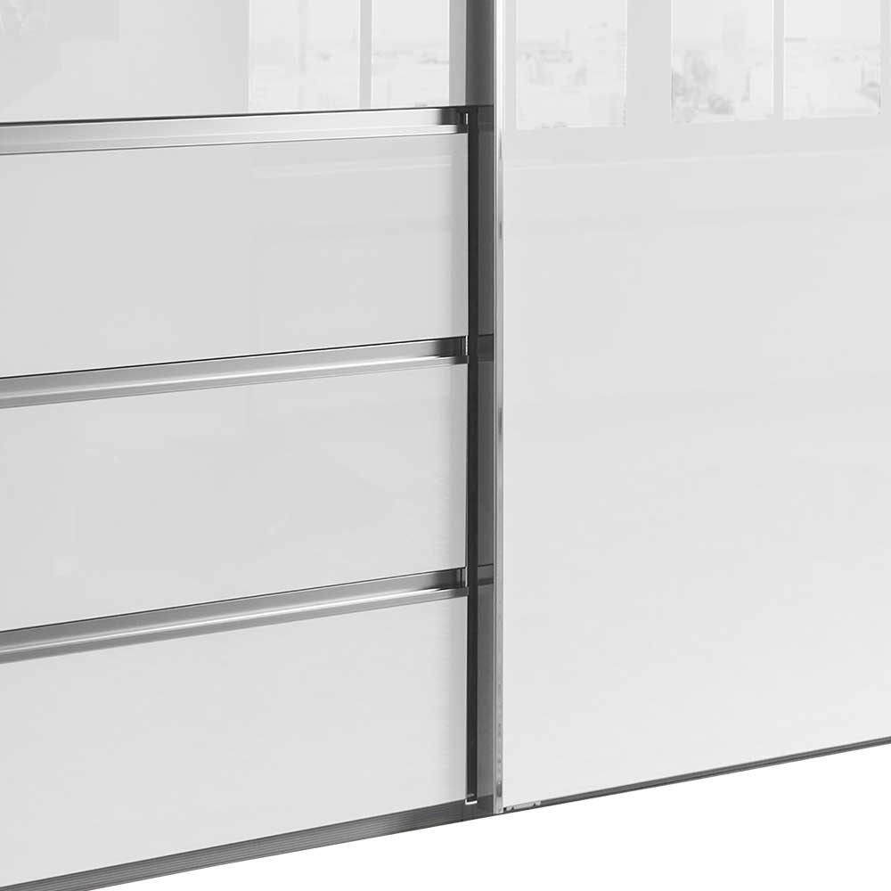 Drei weiße Schrank Schubladen mit silbernen Griffen und glänzender Schwebetür Front – Seymour