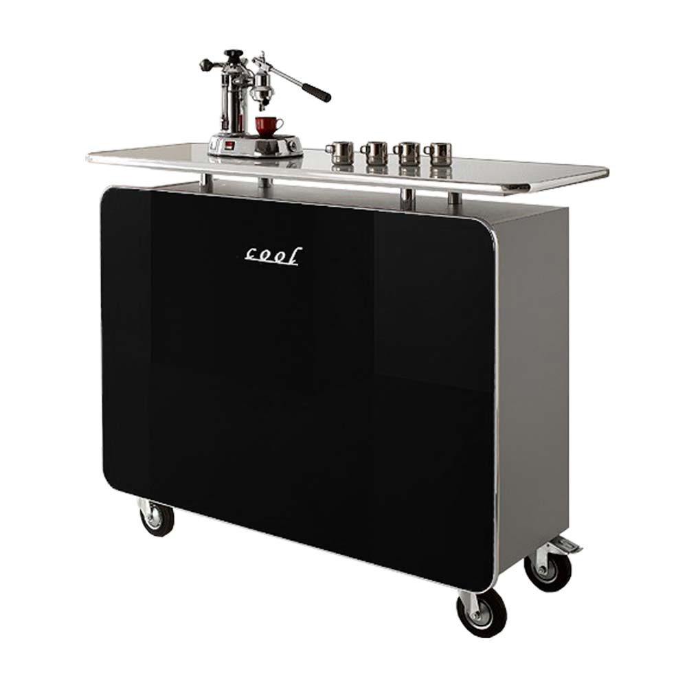 Design Bartheke in Schwarz Hochglanz und Silber mit Rollen und Espresso-Maschine – Malany