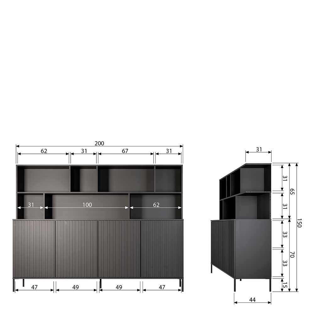 Skandi Sideboard mit Regal in Schwarz Maße und detaillierte Abmessungen – Princiva