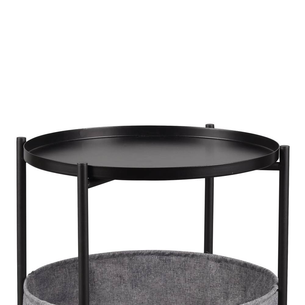 Runder schwarzer Metall-Tablettaufsatz mit dem oberen Rand der grauen Stoff-Ablage – Medita