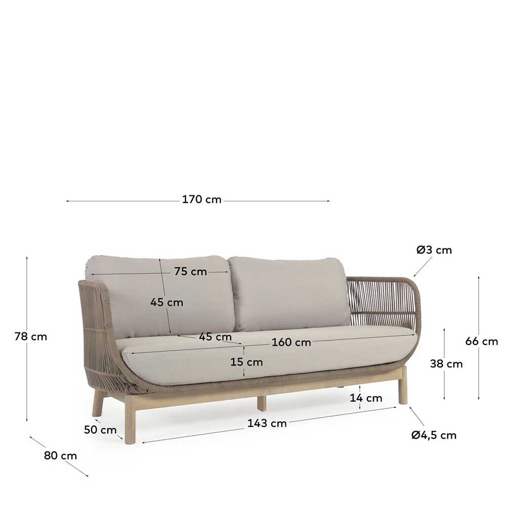 Sofa mit Maßen und Abmessungen aus beigem Kordelgeflecht und hellem Holzgestell – Calivias