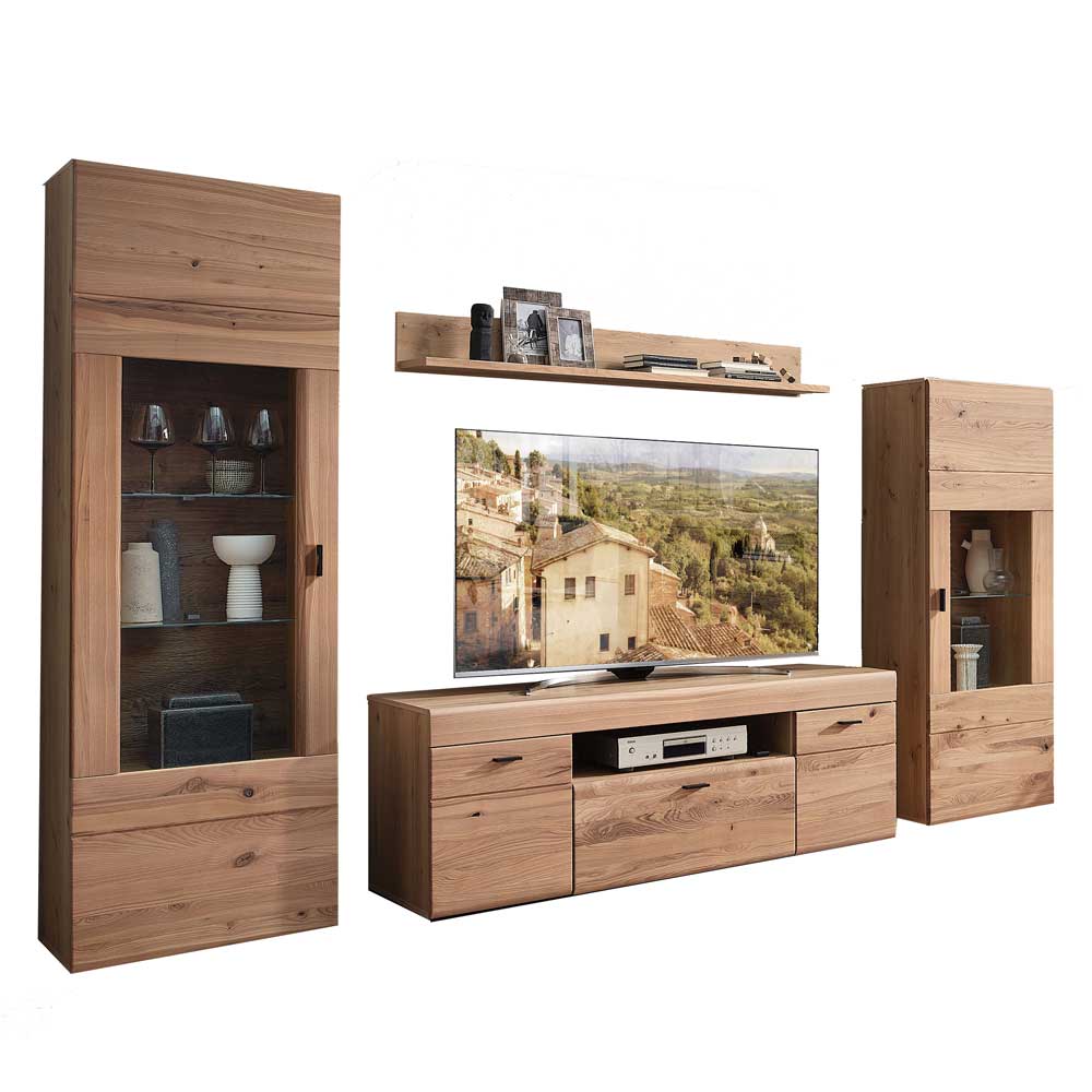 Helle Wohnwand-Set vierteilig aus Holz mit zwei Vitrinen, TV-Lowboard und Wandregal – Cymbal