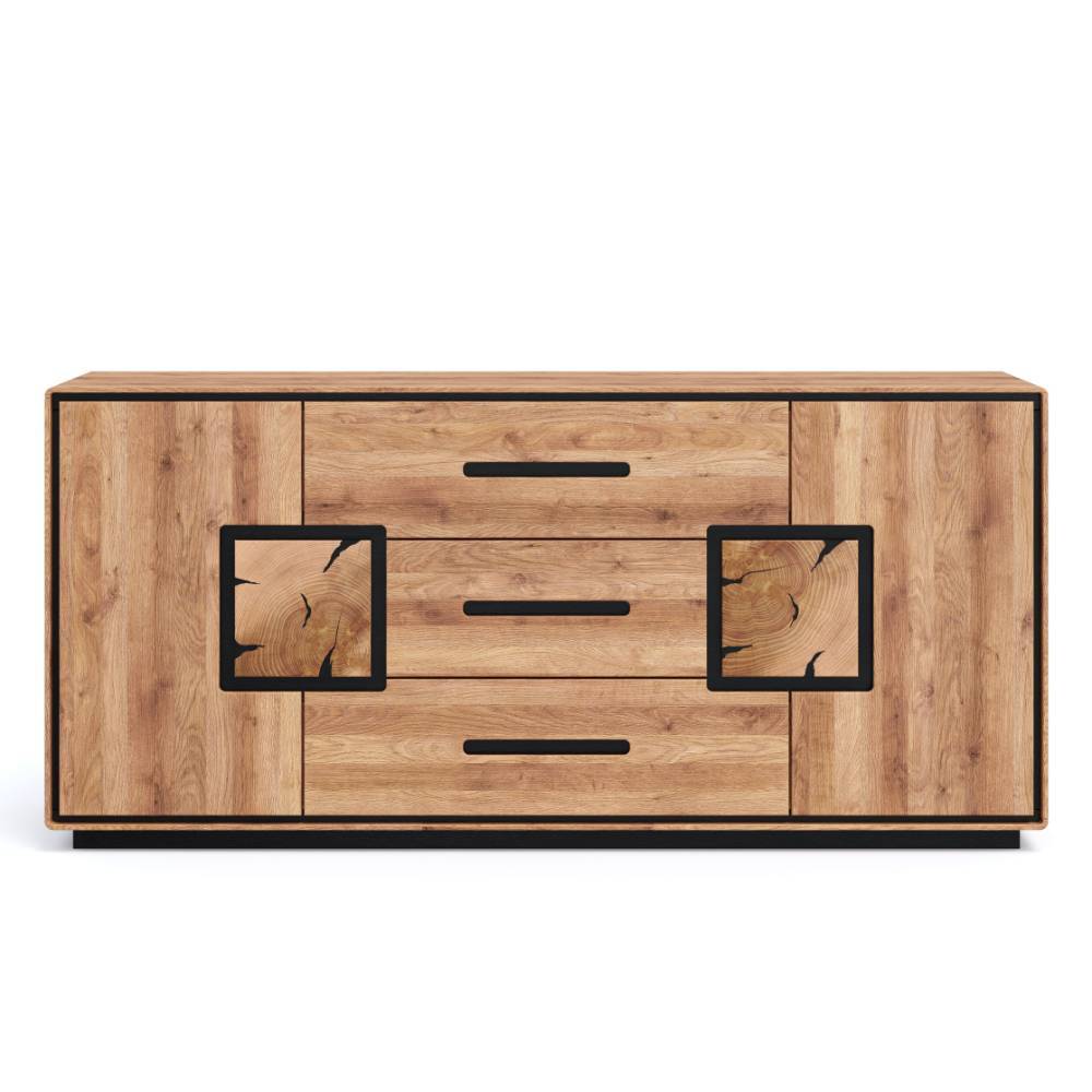 Sideboard in Wildeiche Optik mit schwarzen Akzenten und drei Schubladen für das Wohnzimmer – Shipper