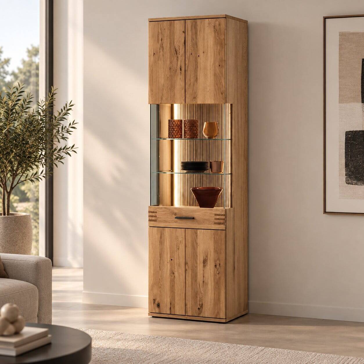 Wohnzimmer Vitrine in Eiche Bianco geölt - Crupean
