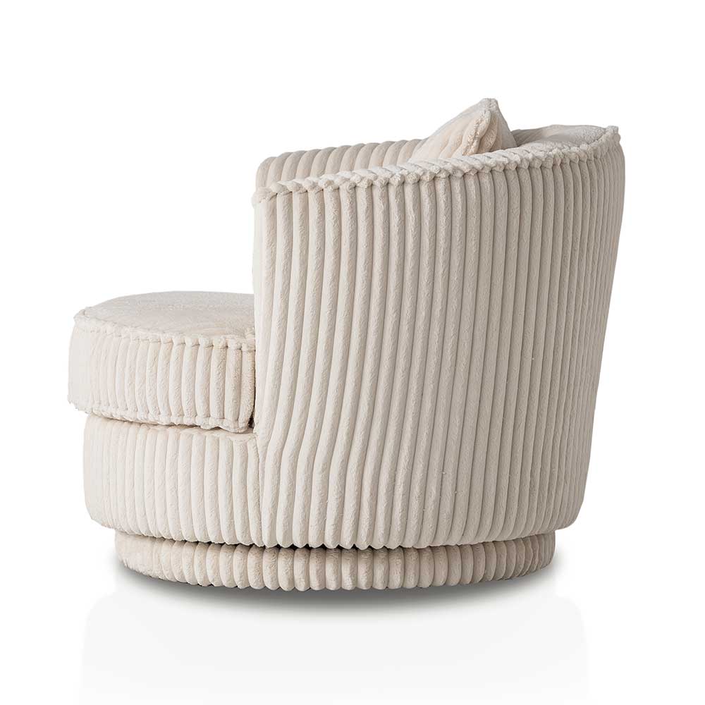 Bequemer Cordsessel von der Seite, cremefarben mit gerillter Cord-Struktur und runden Armlehnen – Token