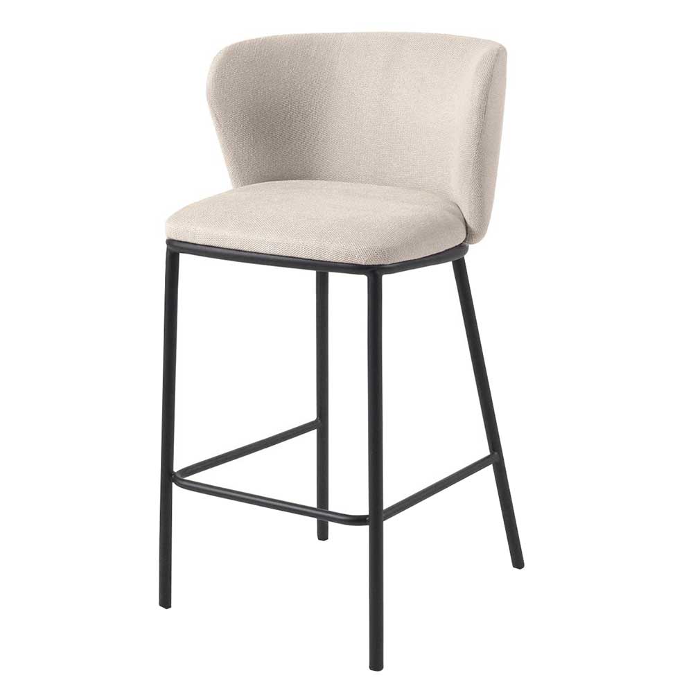 Eleganter Barhocker mit beigem Chenille-Stoff und schwarzem Metallgestell, schräge Vorderansicht – Daroncas