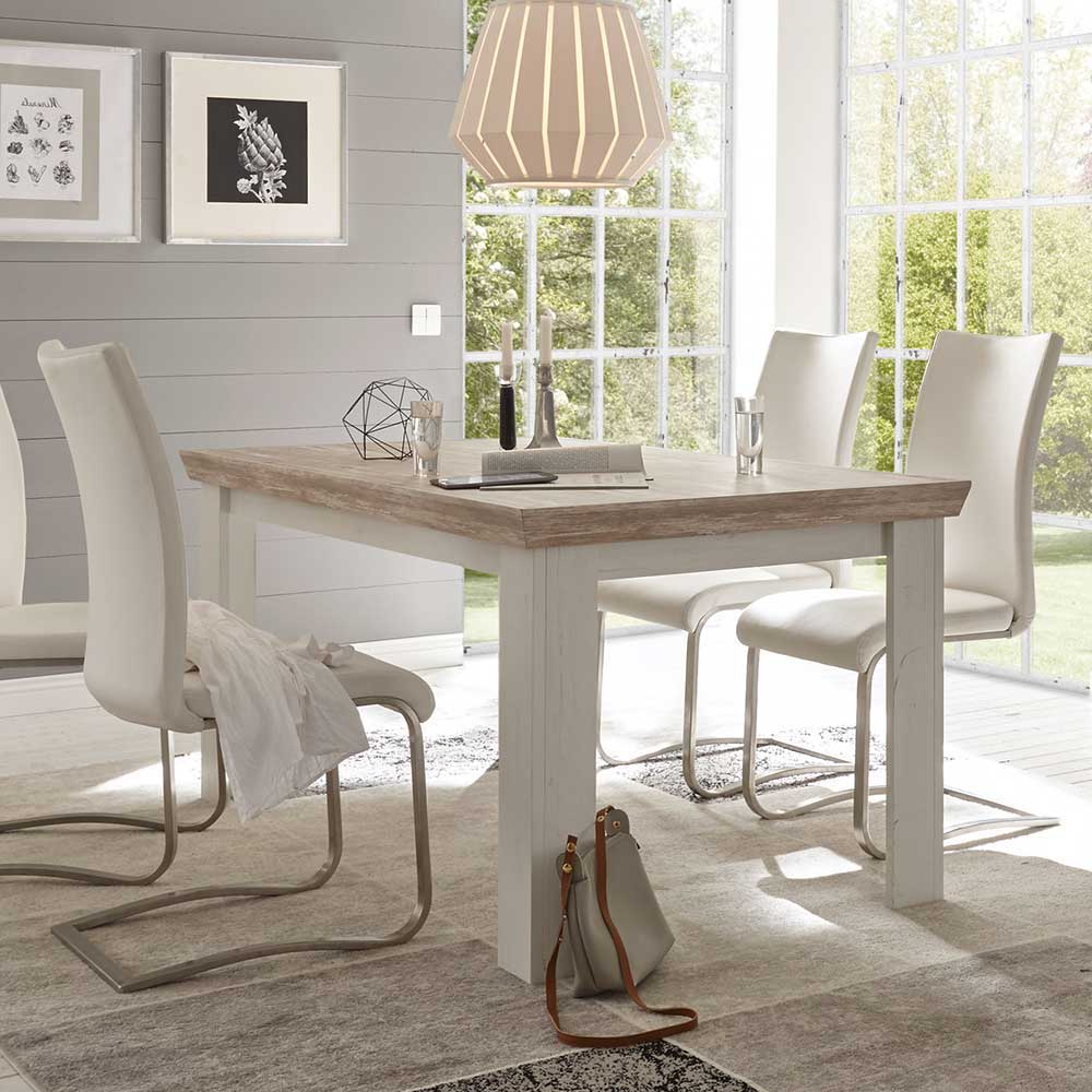 Scandi Chic Esstisch in Weiß & Pinie Shabby Nedita 160x90 cm