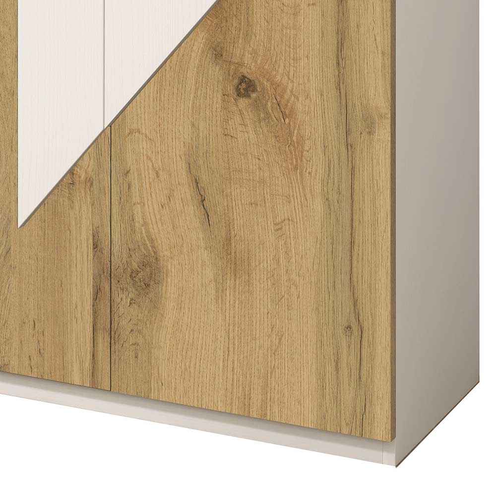 Schuhschrank Ecke mit Wildeiche Dekor und weißer Front, unten mit Sockel – Fun