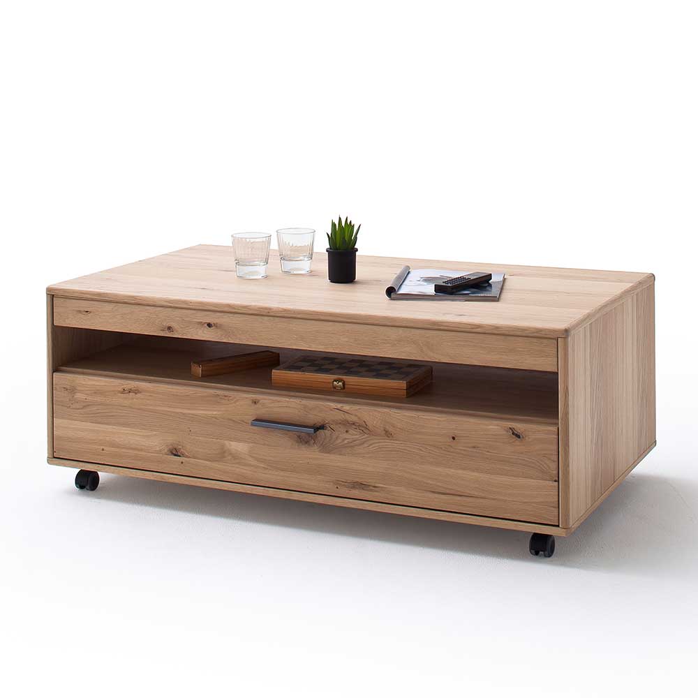 Eiche Bianco Couchtisch rollbar mit offener Ablage und geschlossener Schublade – Assela
