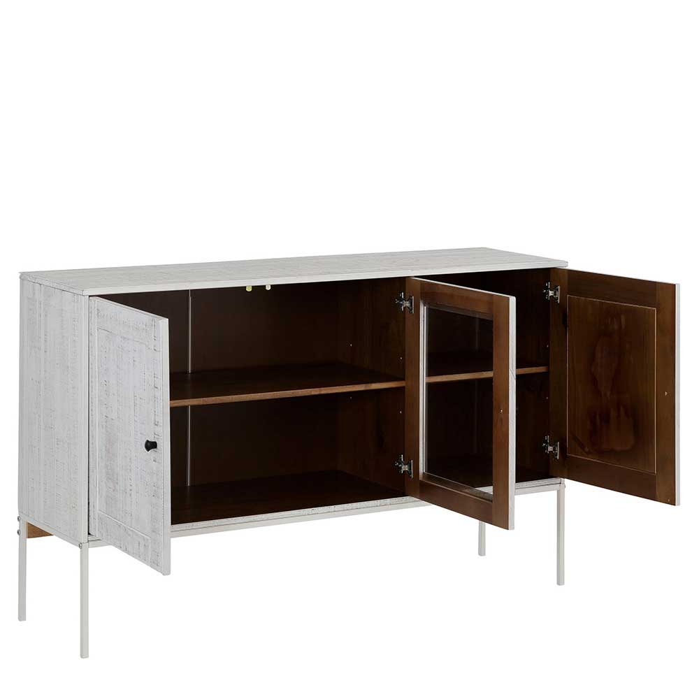 Offenes Sideboard mit drei Türen, Stauraum und Regalböden in Holzoptik und Glasvitrine – Ejeliva