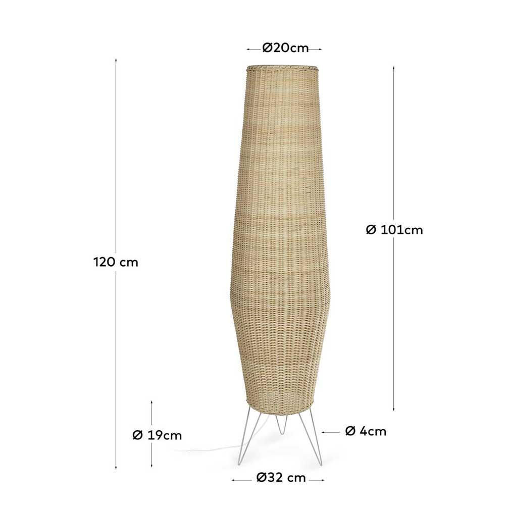 Rattan Stehleuchte in Beige mit detaillierten Maßen und Abmessungen für die Planung des Wohnraums – Abelonia