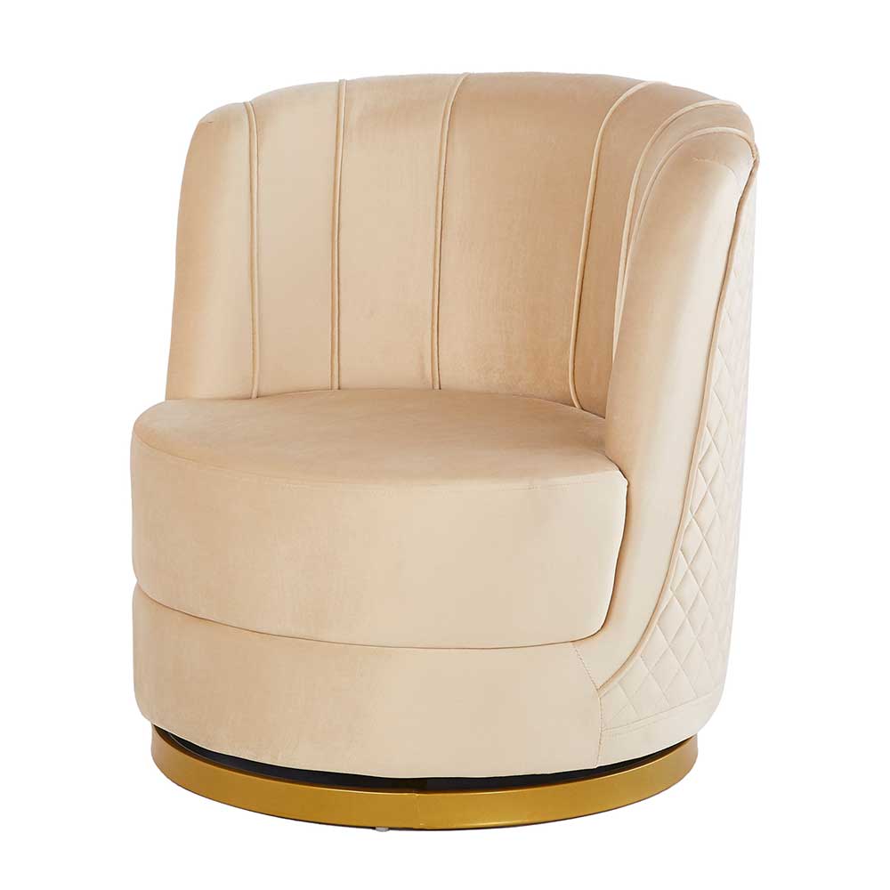 Eleganter Polstersessel in Creme Weiß Samtstoff mit drehbarem goldfarbenem Metallgestell – Abruzzias