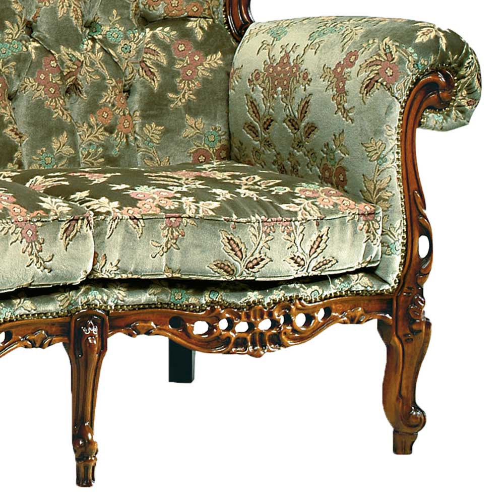 Barock-Sofa Seitenansicht mit geschnitzten Holzbeinen und grüner floraler Polsterung für das Wohnzimmer – Graz