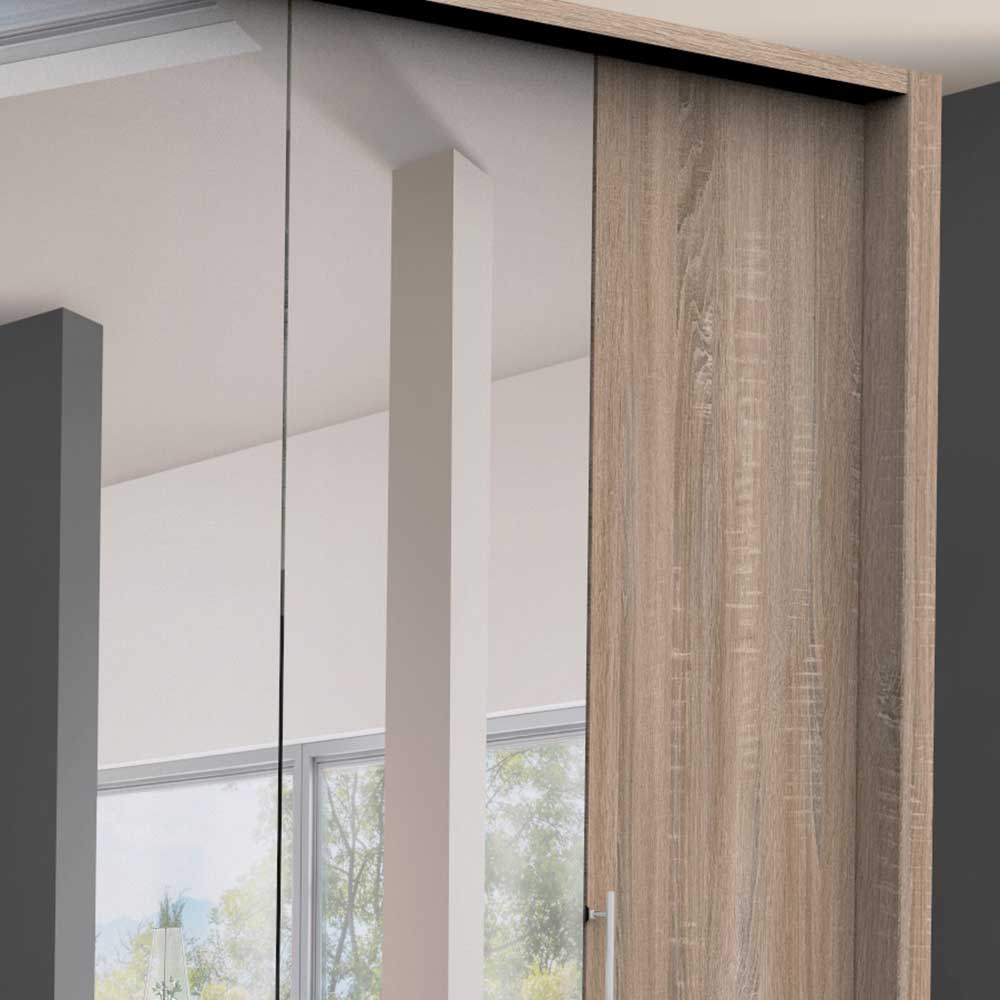 Kleiderschrank oben mit Spiegeltür, Holzdekor und sichtbarer Laufschiene – Zayun