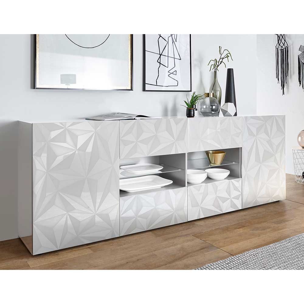 Weißes Hochglanz Sideboard mit geometrischem 3D-Muster für das Wohnzimmer – Vovasoma