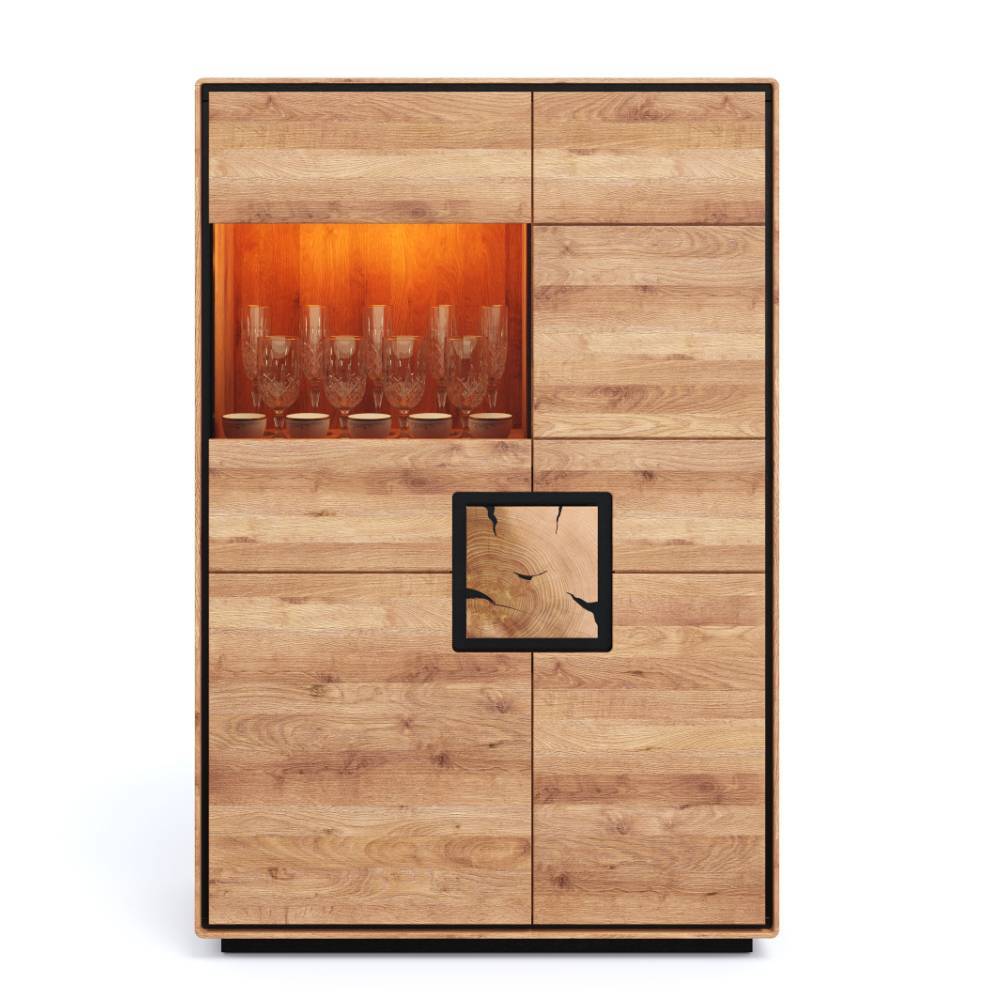 Eiche Massivholz Highboard Vitrine mit beleuchtetem Glasfach und natürlicher Holzmaserung – Shipper