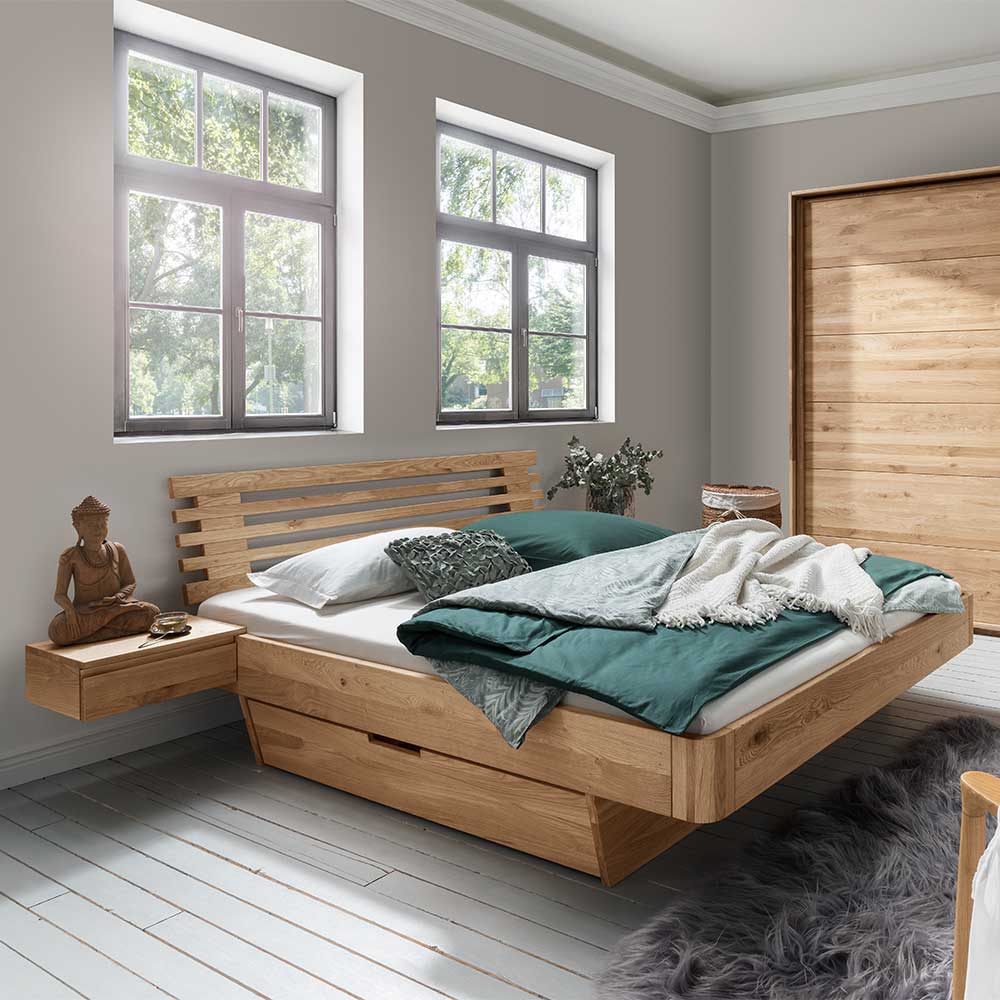 Wildeiche Schlafzimmereinrichtung Set vierteilig mit Bett, Nachttisch und Schrank – Zennian