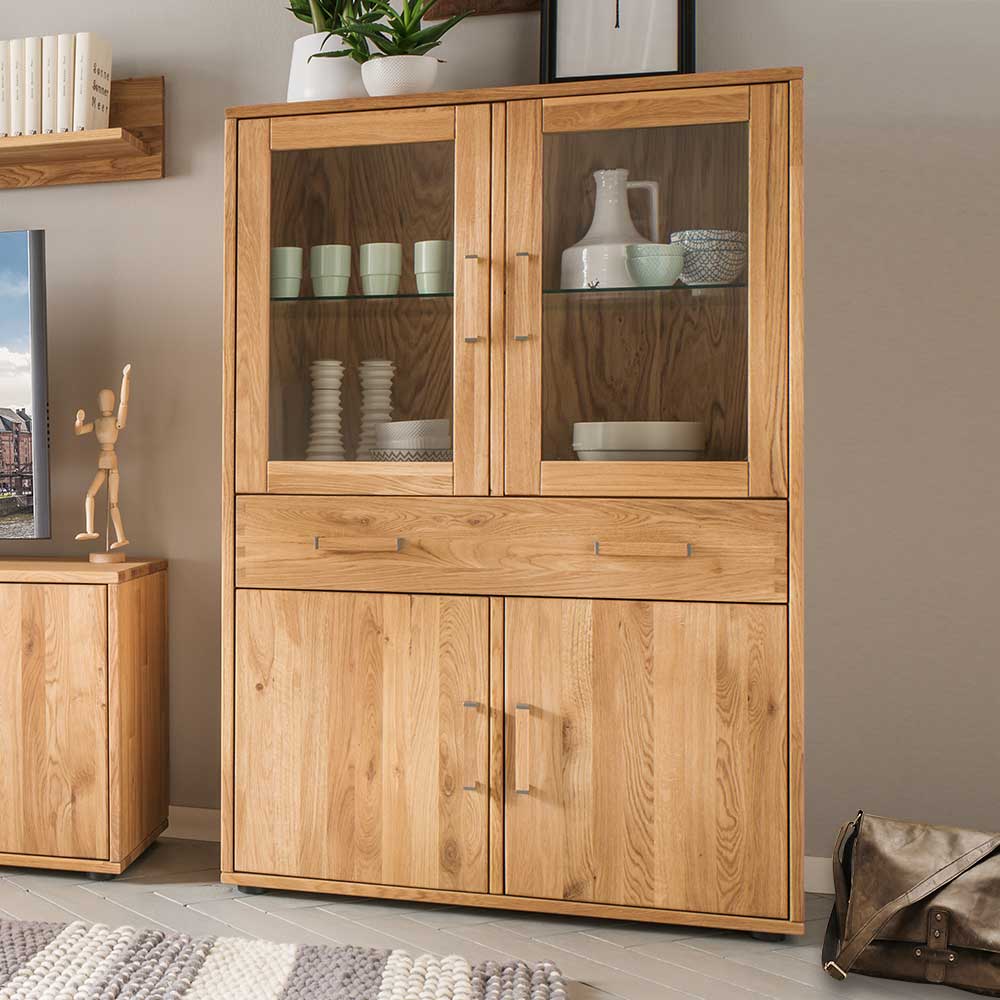 Großer Vitrinenschrank aus massiver Eiche mit Glas- und Holztüren sowie Schublade – Teano