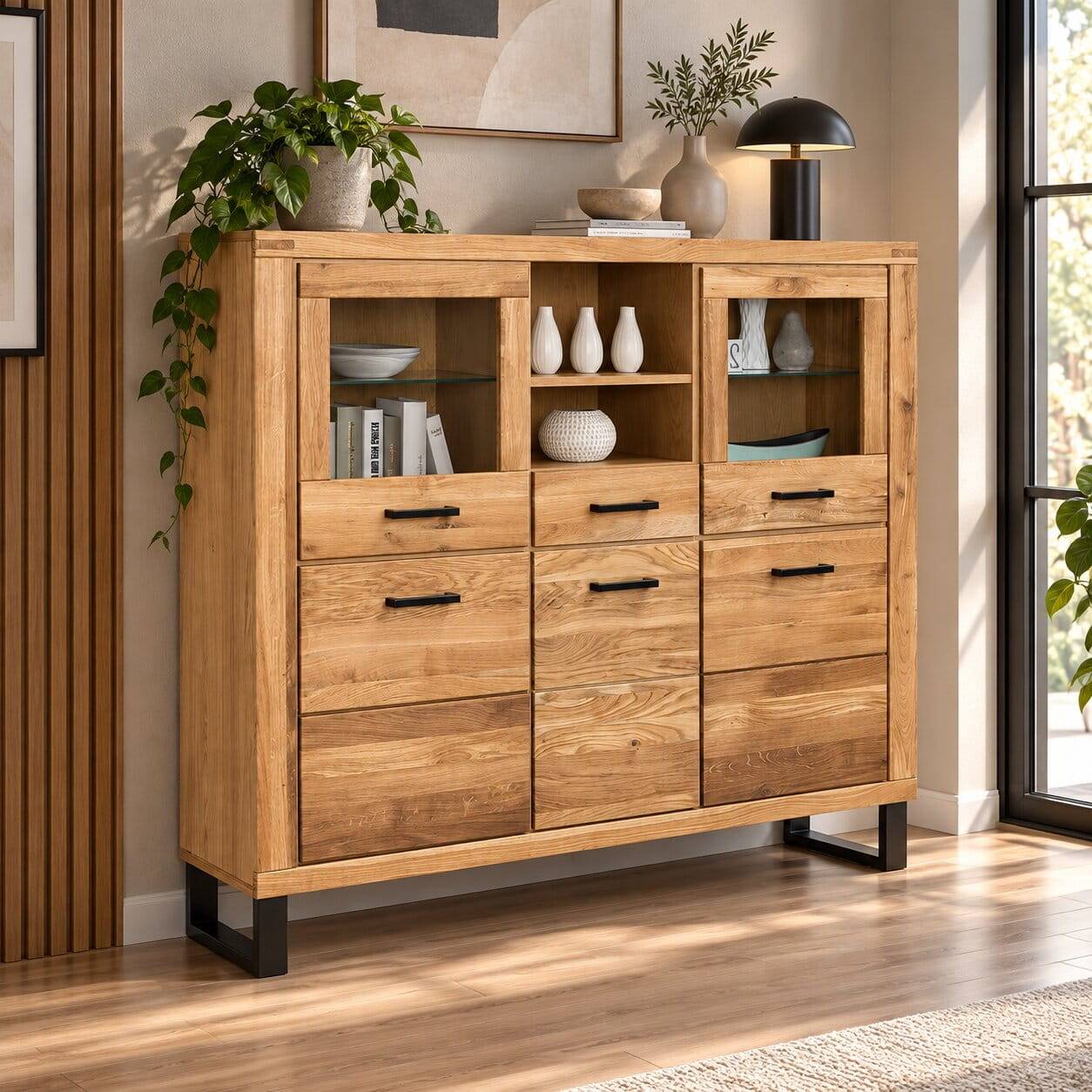 158x140x40 Highboard aus Wildeiche teilmassiv - Arello I