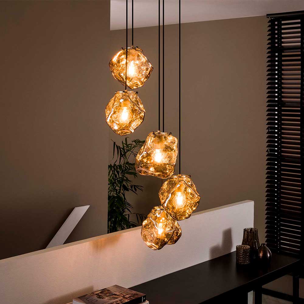5-flammige Designer Pendelleuchte in Felsstein Optik - Mantua