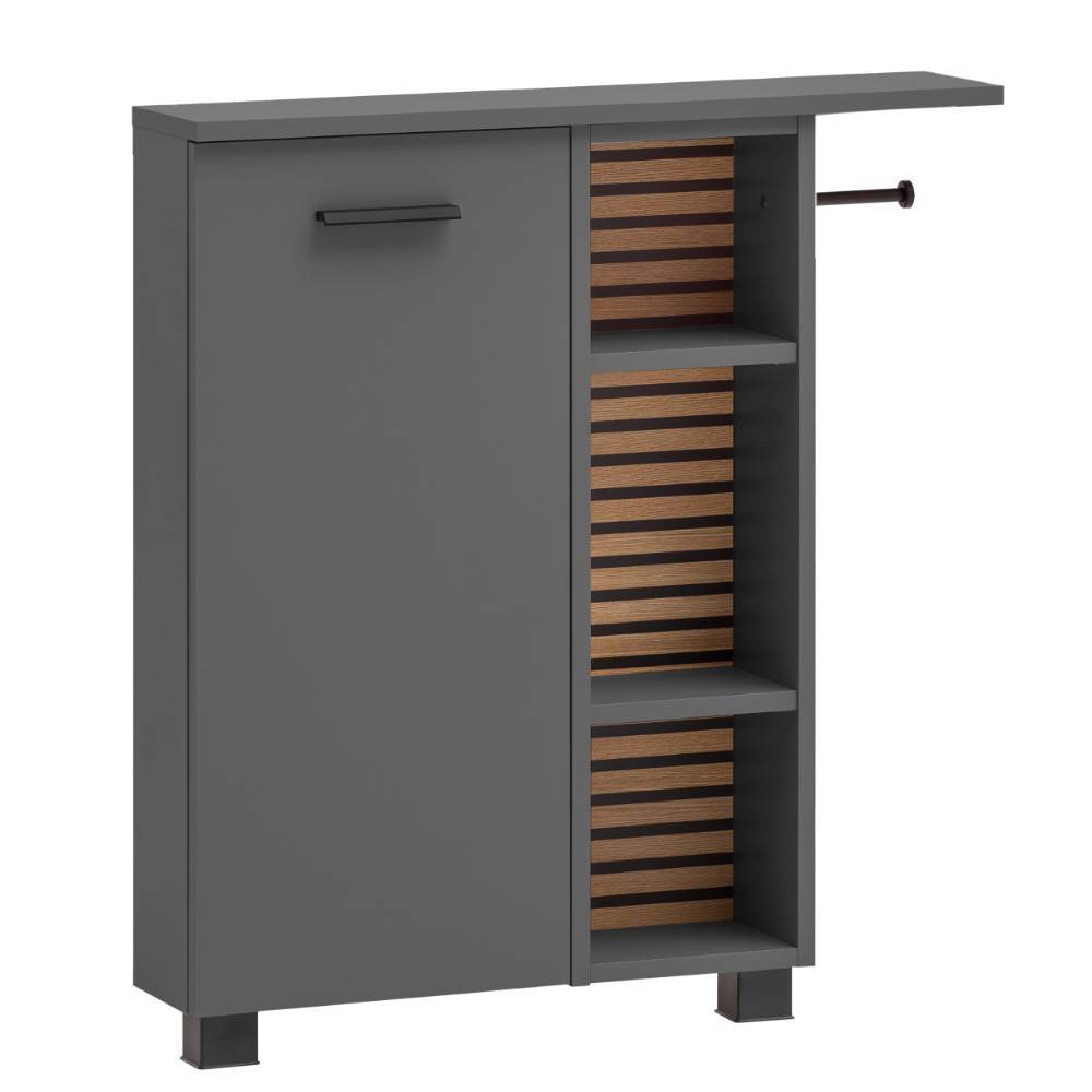 Eleganter Badezimmerschrank in Dunkelgrau mit Tür, offenen Regalfächern und WC-Papier Halter – Zyrian