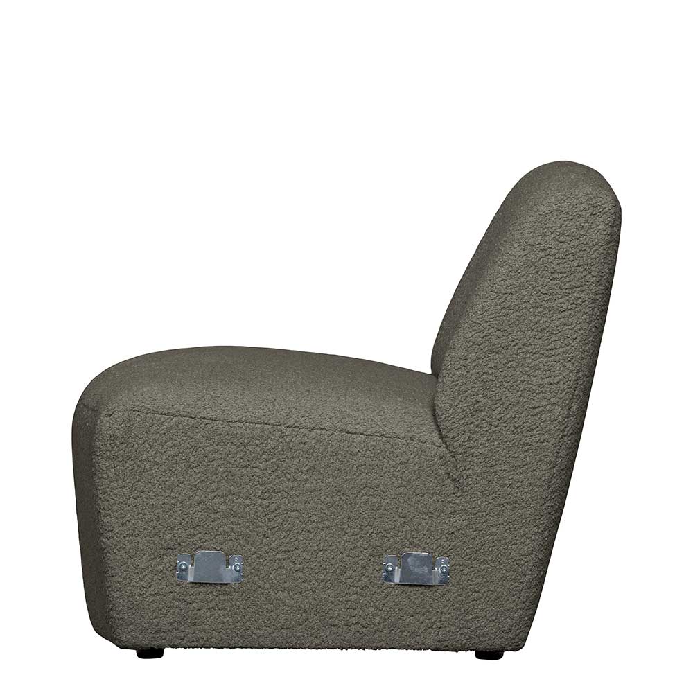 Dunkelgrünes Einsitzer Couchmodul aus Boucle von der Seite mit sichtbaren Befestigungselementen – Racapulco