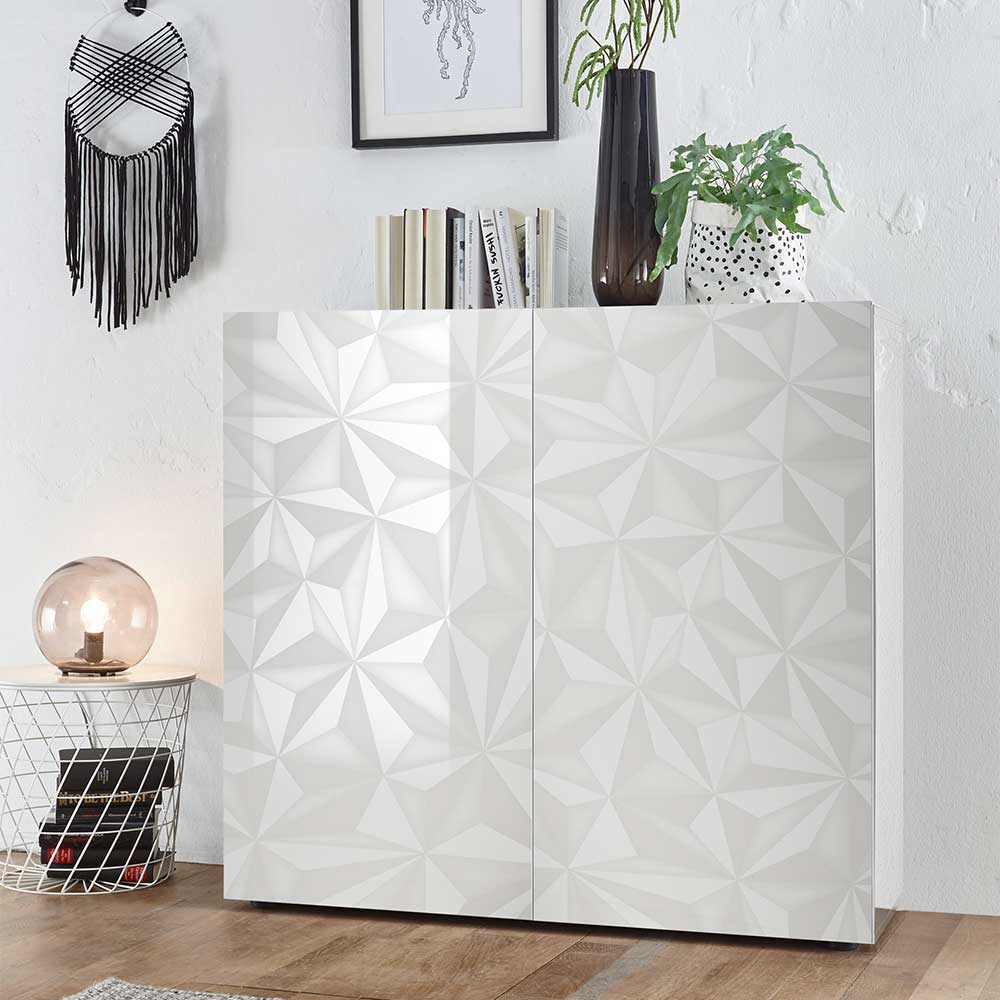Weißer Hochglanzschrank mit geometrischem 3D-Muster für das Wohnzimmer – Vovasoma