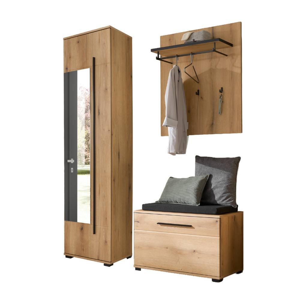 Dreiteiliges Dielenmöbel Set in Eiche Optik mit Kleiderschrank, Garderobenpaneel und Sitzbank für den Flur – Moviess