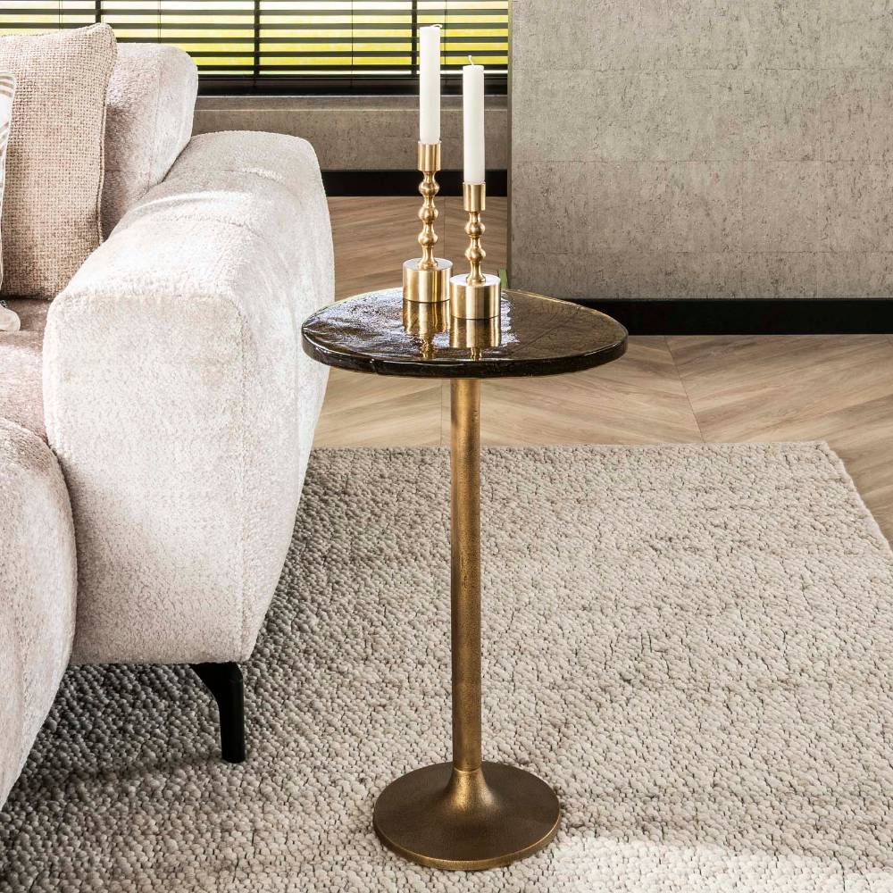 Altgoldener Design-Beistelltisch mit Gussglas-Platte - Spacyan