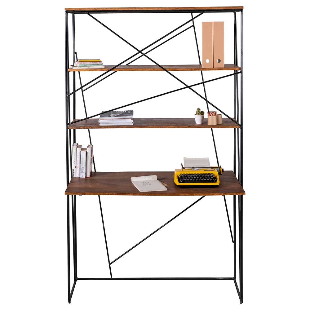 Regal mit Schreibtisch im Loft Style, dunkelbraune Holzablagen, schwarzes Metallgestell – Offia