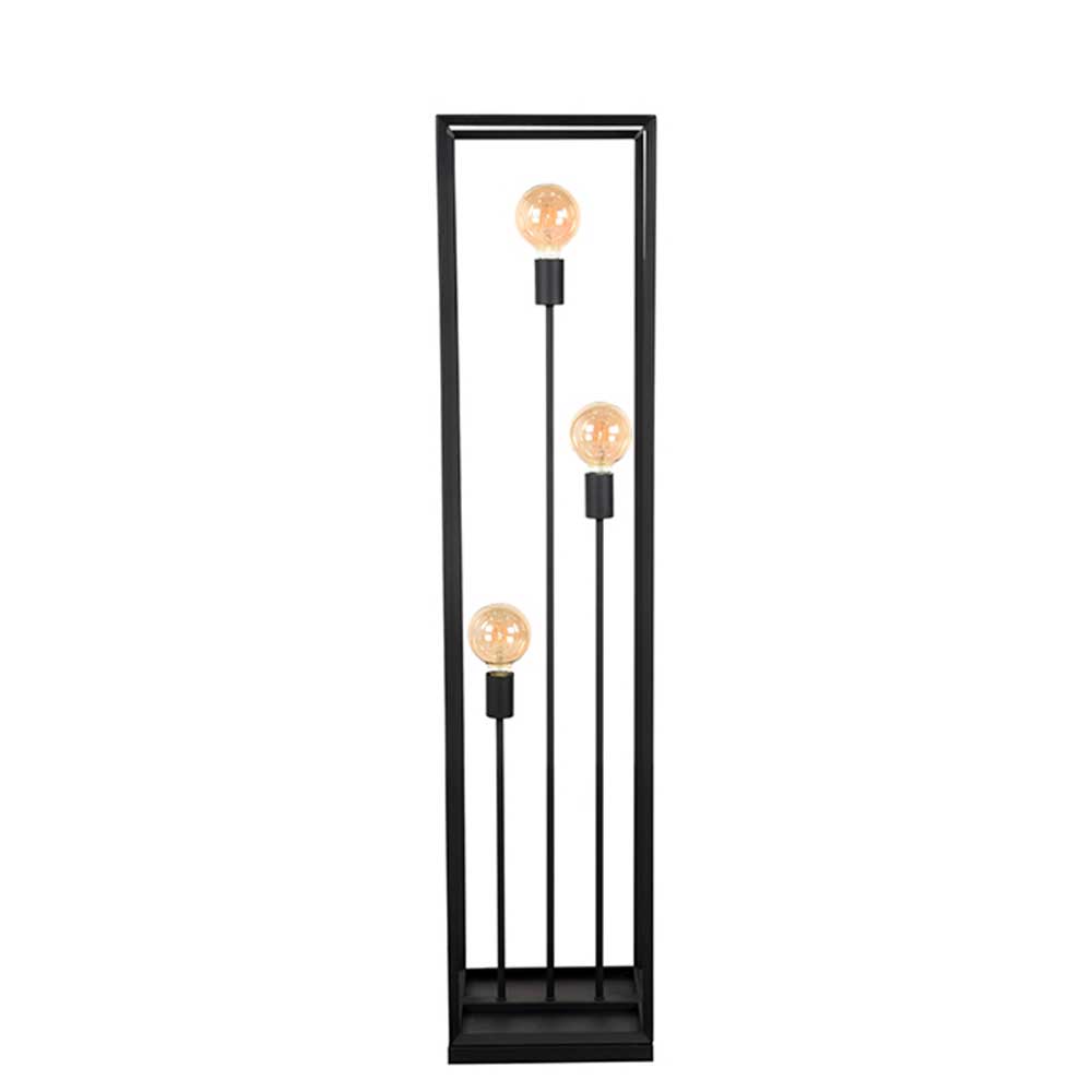 Moderne Stehlampe in Schwarz mit drei warm leuchtenden Glühbirnen im minimalistischen Gestell – Ake