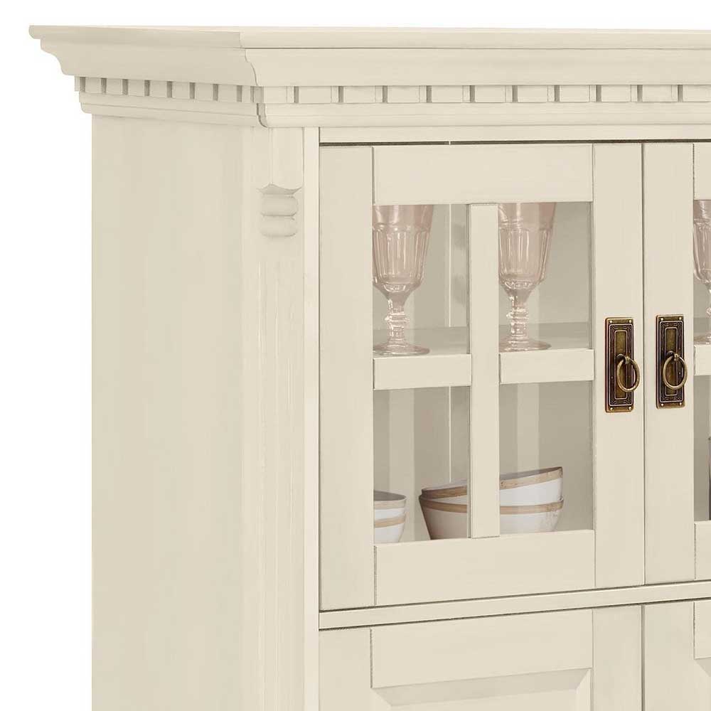 Oberer Bereich cremefarbenes Landhaus Highboard mit Glaseinsätzen, Zierleisten und stilvollen Griffen – Rospus