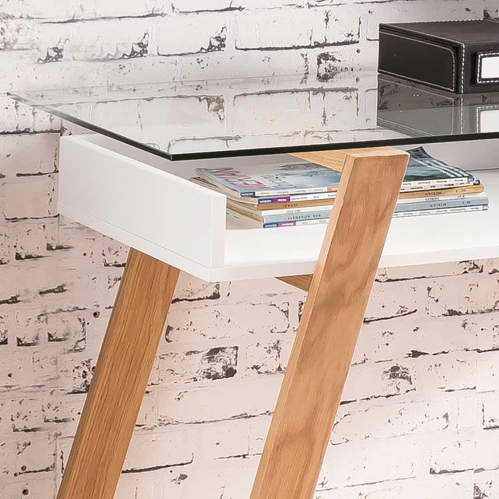 Modernes Home Office Möbel mit Glasplatte, weißer Ablage und Holzbeinen – Madita