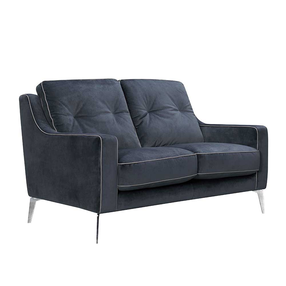 Komfortables 2er Design Sofa aus blauem Samt mit Nosagunterfederung und schlanken Metallfüßen – Sesedra
