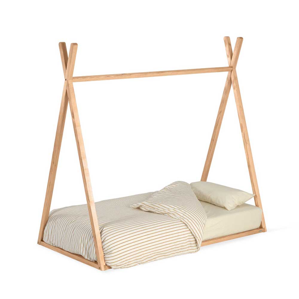 Bodenbett Zeltbett für Kinder 70x140 cm aus hellem Holz, gestreifte Decke – Rapidi