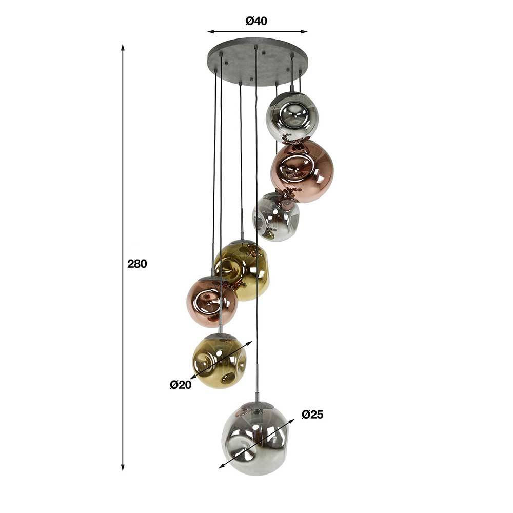7-flammige Hängeleuchte mit Metallic Glasschirmen - Elizabeth