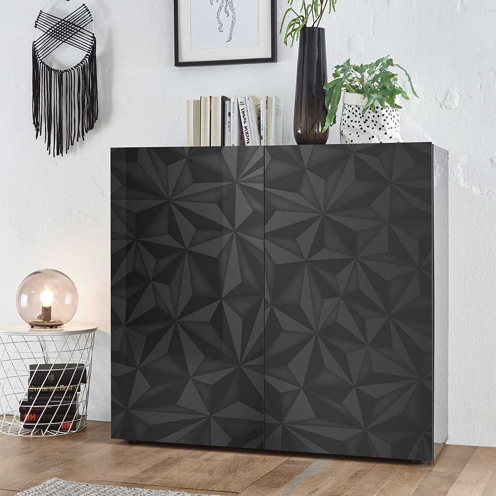 Dunkelgraue Türen-Kommode mit geometrischem 3D-Muster und zwei Türen – Kuriasna