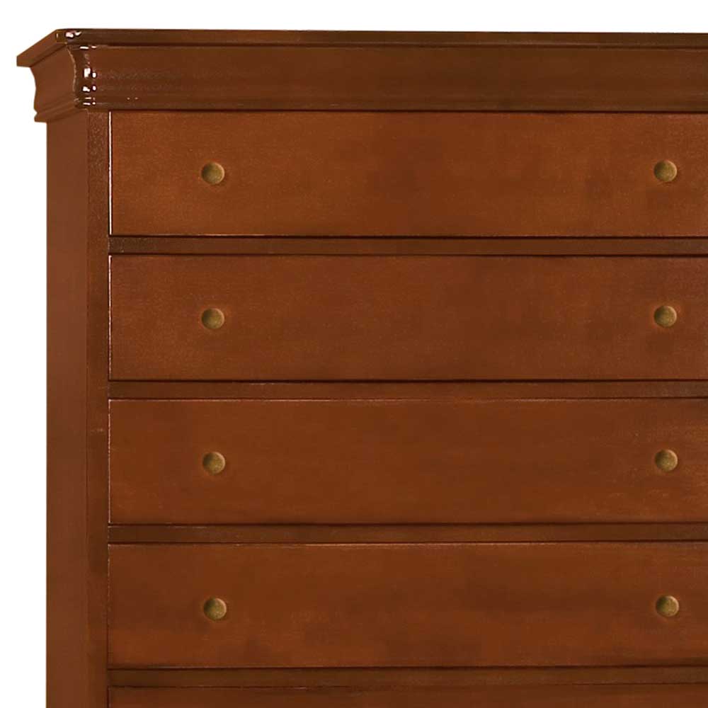 Braune Holzkommode mit fünf Schubladen und Messinggriffen im Detail – Lemerzi