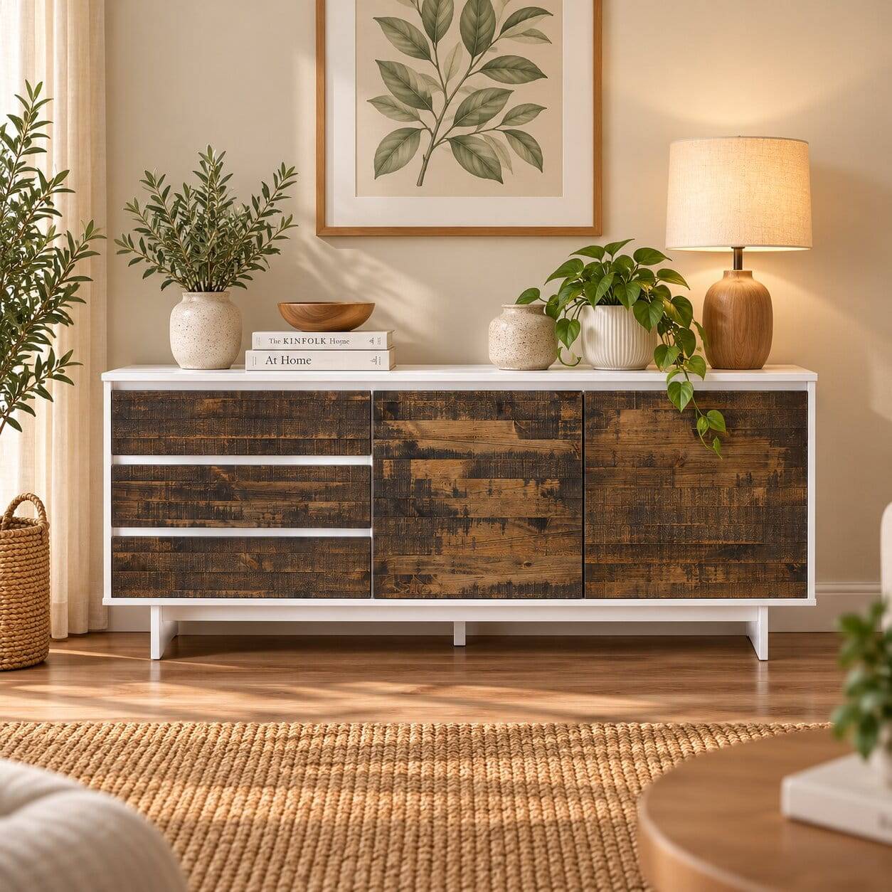 165x68x35 Sideboard in Weiß & Kiefer dunkel - Chihu