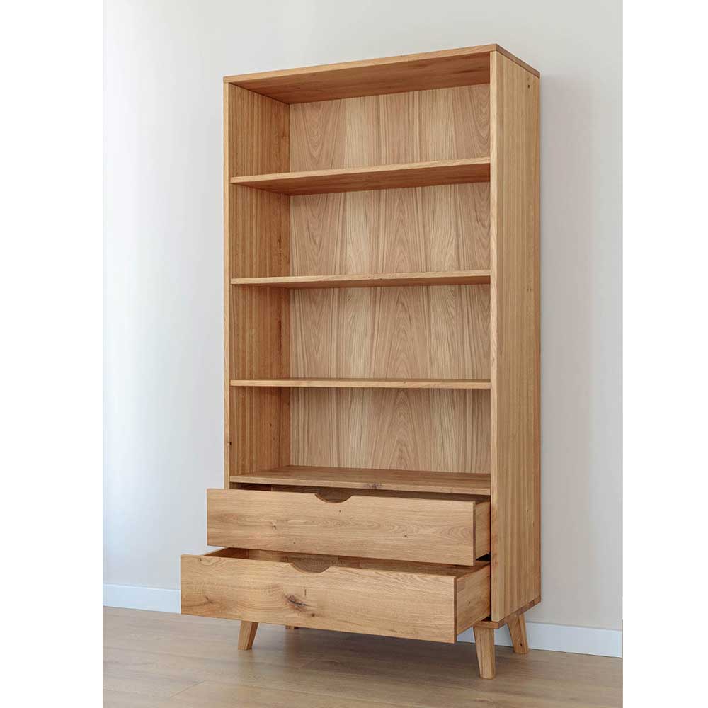 Bücherregal aus Massivholz mit offener Schublade, natürliche Holzfarbe – Fabijola