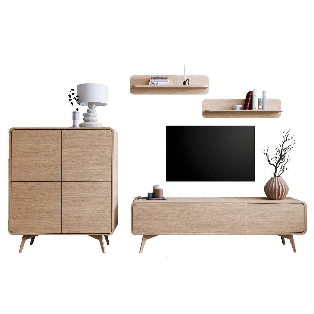 Skandi Wohnzimmer Möbelset vierteilig aus hellem Holz mit TV-Board, Hochschrank und zwei Wandregalen – Embrus