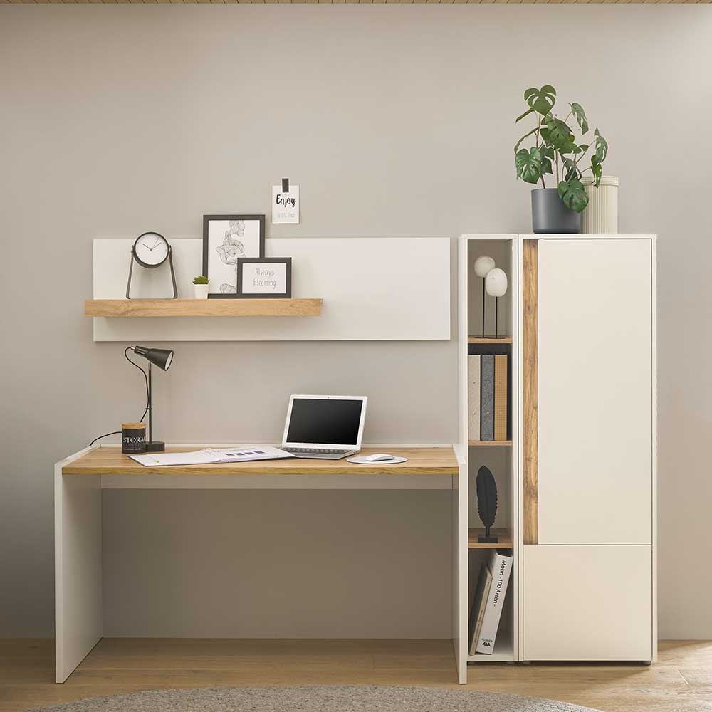 Kompakter Home Office Arbeitsplatz mit Schreibtisch, Wandregal und hohem Stauraumschrank in Weiß und Artisan Eiche – Nonessia