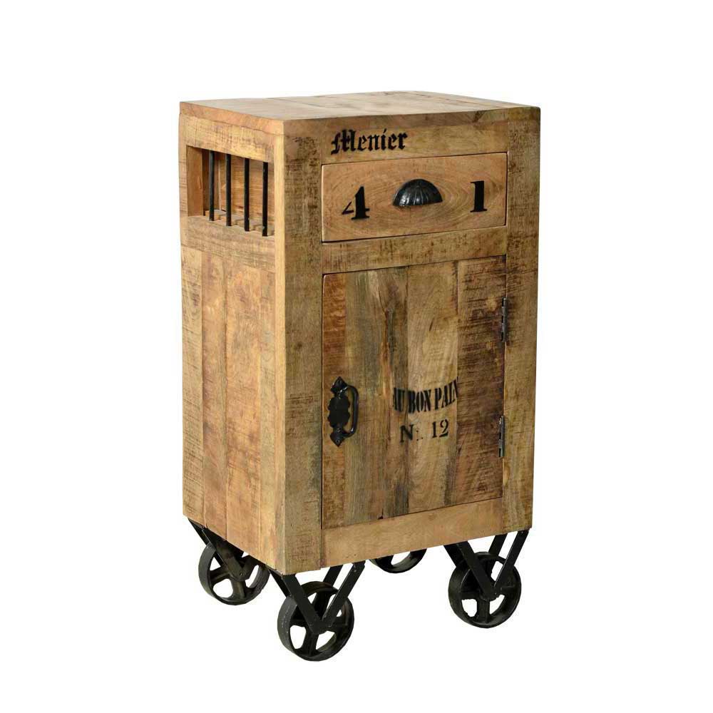Hoher Beistellschrank aus Mangoholz auf Rollen mit Schublade und Tür im Vintage-Industrial-Design – Indri