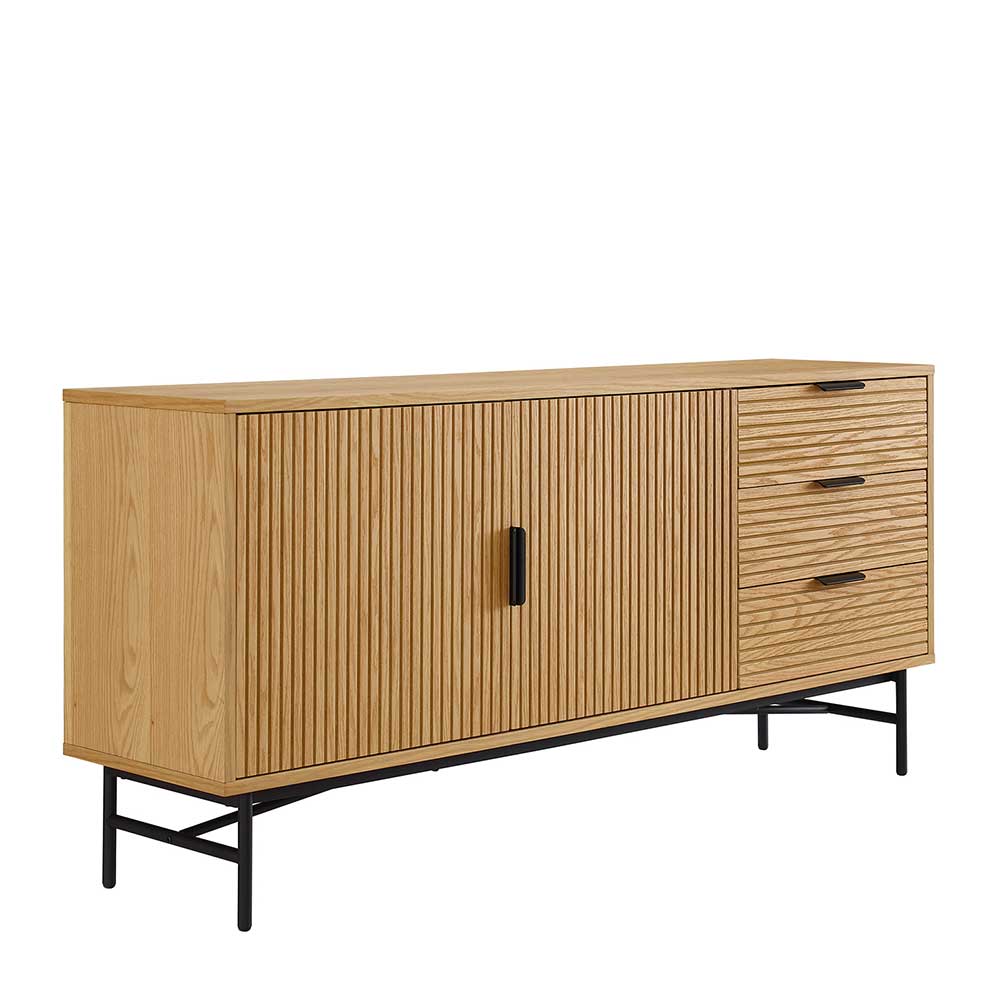 Holz-Sideboard im Skandi-Design mit geriffelter Front, Schranktüren und Schubfächern – Piassona