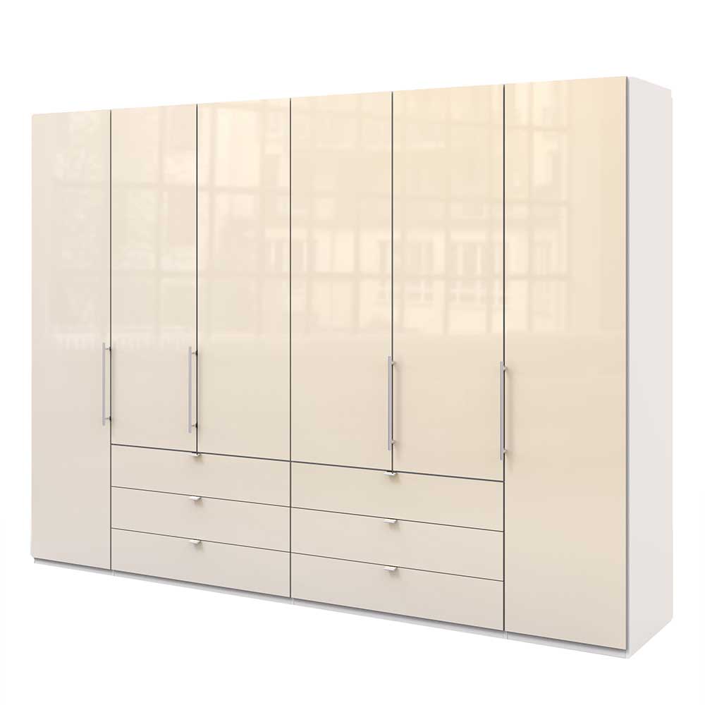 Moderner Schlafzimmerschrank in Creme Hochglanz mit Schiebetüren und sechs Schubladen – Zidarie