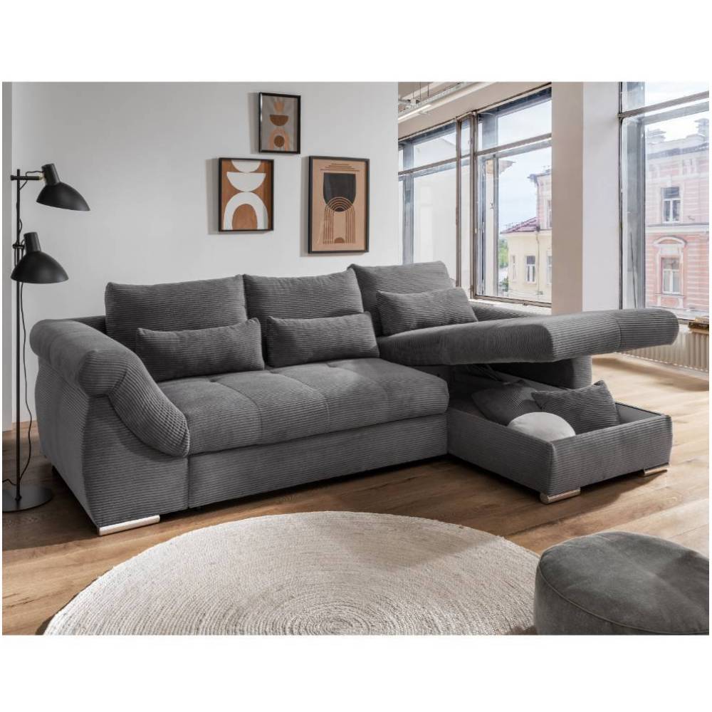 Ecksofa mit Schlaffunktion in Grau Cord - Forcelan