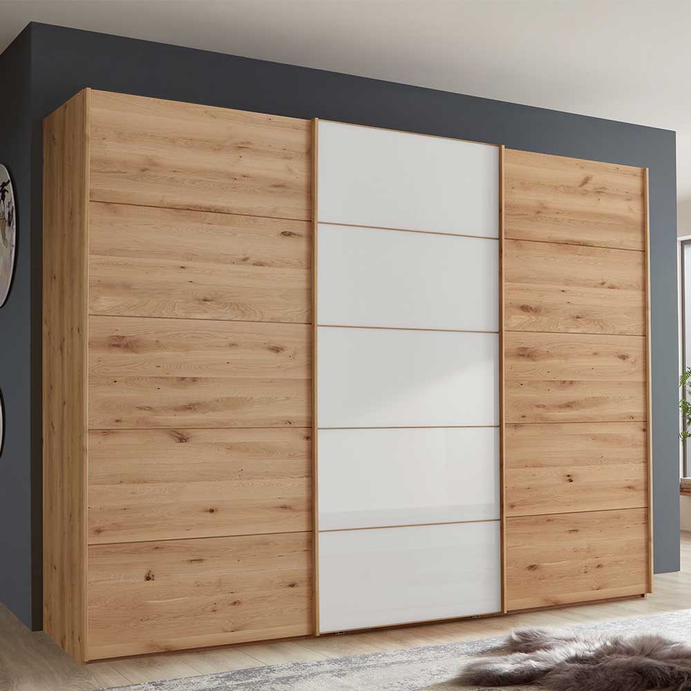 Geräumiger Schwebetürenschrank in heller Holzoptik mit weißen Fronten für das Schlafzimmer – Crucav